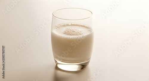 A glass of milk with a layer of foam on top  creamy beverage in a clear tumbler