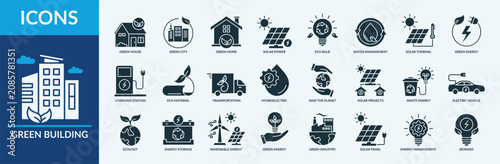 Green Building icon set vector illustration. Containing icon of green house, green home, eco material and more. Glyph solid icon symbol collection