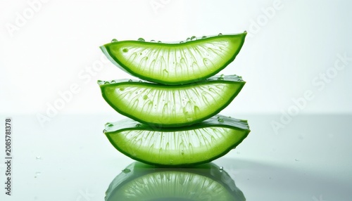 Three green aloe vera slices stacked wet with water drops. Translucent plant segments show internal texture. Clean white background, simple bright composition.