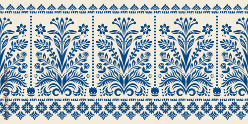 Blue and Cream Floral Damask Seamless Border Pattern. Ethnic Folk Art Ornament Vector Graphic for Fabric Trim, Ribbon Design, Ceramic Tile Edging, and Traditional Textile. Boho Mediterranean Tile.