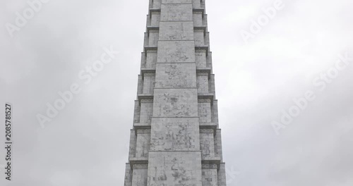 Juche Tower in the center of Pyongyang, North Korea. Cloudy day view.