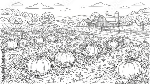 Black and white illustration of a pumpkin patch on a farm with a rustic barn and house in the background