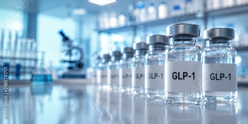 GLP-1 medication vials in laboratory. Modern pharmaceutical research for diabetes management, obesity treatment, metabolic health and innovative drug development, Horizontal banner