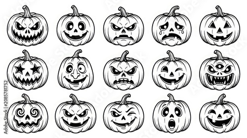 Collection of 15 unique black and white halloween pumpkin faces with various emotions and designs