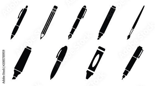 A collection of writing and drawing instruments arranged in a clean, professional grid.