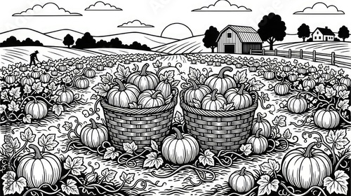 Black and white illustration of a pumpkin patch with baskets at harvest time in a rural landscape