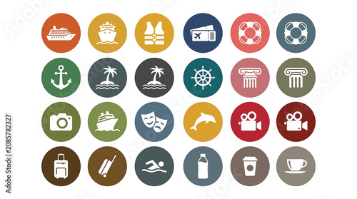 A colorful grid of cruise vacation icons featuring travel symbols on circular backgrounds.