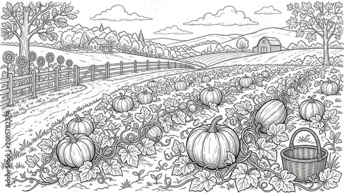 Black and white illustration of a pumpkin patch on a farm with a house and barn in the background for coloring book