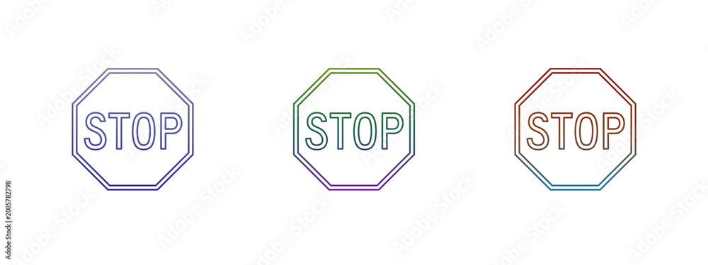 Fototapeta premium Three colorful gradient stop signs in thin line style