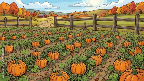 Cartoon pumpkin patch illustration with farmhouse and wooden fence in autumnal landscape