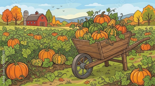Harvest scene with a wheelbarrow full of pumpkins in a vibrant autumnal pumpkin patch near a rustic red barn