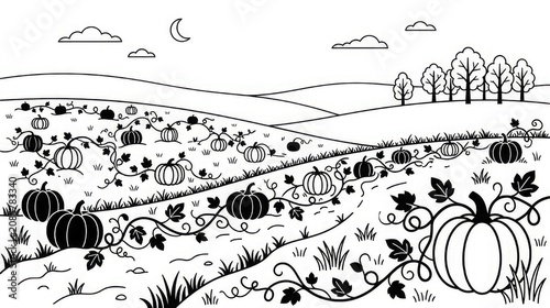 Black and white illustration of a pumpkin patch under a crescent moon