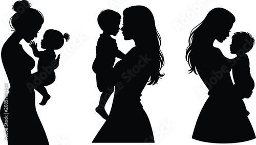 Schilderij op canvas Silhouette of mothers holding babies tenderly on a white background baby child