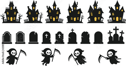 Foto Halloween vector silhouettes set featuring haunted houses with glowing windows, spooky graveyard tombstones, and cute grim reaper characters isolated on white background
