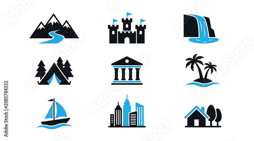 A grid of stylized travel and architecture icons featuring landmarks and natural scenery.