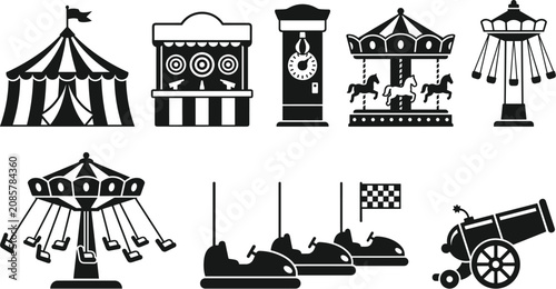 Konstfotografi Amusement park silhouette vector icons collection featuring circus big top tent carnival games carousel bumper cars and swing rides isolated on a white background