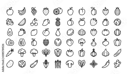 Fresh Fruit and Vegetable Outline Icons Vector Collection