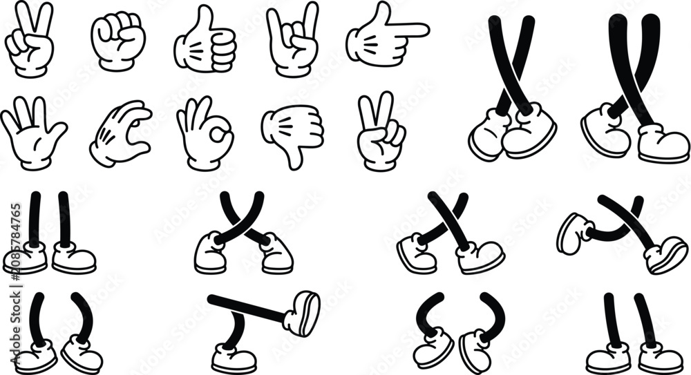 Fototapeta premium Cartoon hands and legs vector collection in classic animation style featuring comic gloved hands gestures and standing walking or jumping poses isolated on white background.