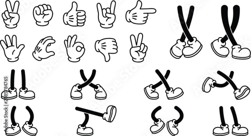 Cartoon hands and legs vector collection in classic animation style featuring comic gloved hands gestures and standing walking or jumping poses isolated on white background.