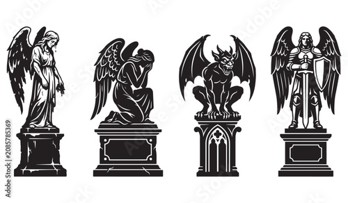 Halloween Icons Set, Angel and Gargoyle Statue Illustration Set