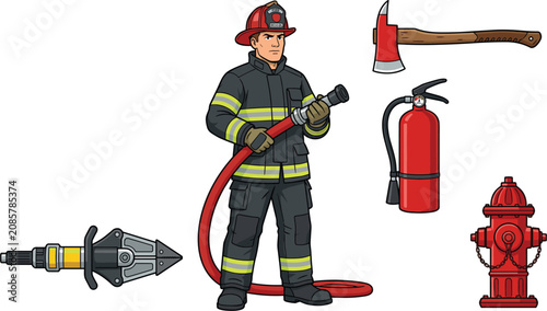 Firefighter Character and Rescue Equipment Vector Set with Fireman Holding Hose Axe Extinguisher Fire Hydrant and Hydraulic Spreader Cutter Tool