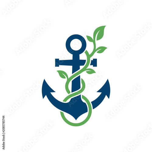 Fotografija A blue nautical anchor entwined with vibrant green organic leaves