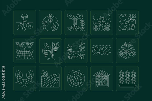 Editable stock line icons depicting regenerative agriculture and ecology