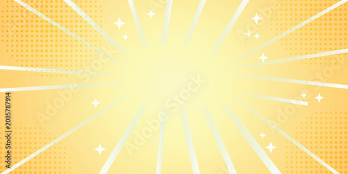 Abstract yellow manga speed lines background. Dynamic pop art radial rays template with sparkles, orange halftone dot pattern, and copy space for comic anime layout.