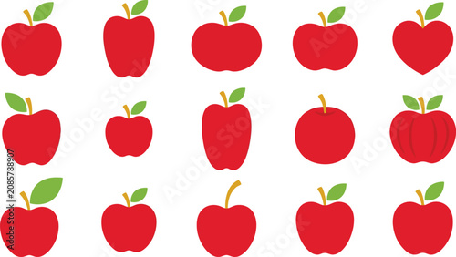Obraz na płótnie Set of various red apple icons with green leaves in a simple flat vector graphic