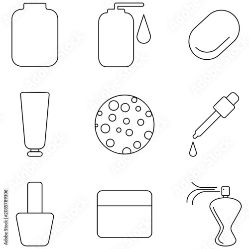 Skincare and cosmetics line icon set with bottles, cream tube, pipette and perfume