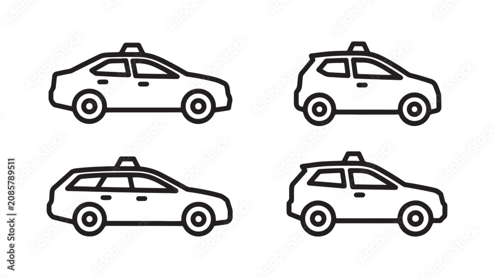 Fototapeta premium Set of four thick black outline taxi cab icons isolated on a grey checkered background.