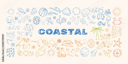 Bild auf Leinwand Coastal themed line art illustration with beach and ocean elements