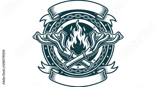 Fotografía Vintage automotive emblem featuring crossed engine exhaust manifolds, blazing flames, a circular chain border, and blank ribbon scrolls for custom text on a white background