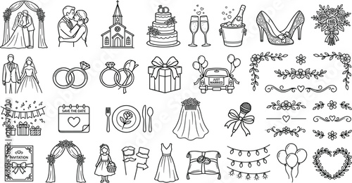 Bild auf Leinwand Wedding event line art icons and design elements bundle featuring bride and groom church cake rings decorations and floral borders isolated on white background