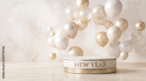 White and gold balloons floating above a marble pedestal with new year 2027 text, soft beige background, festive product display, celebration