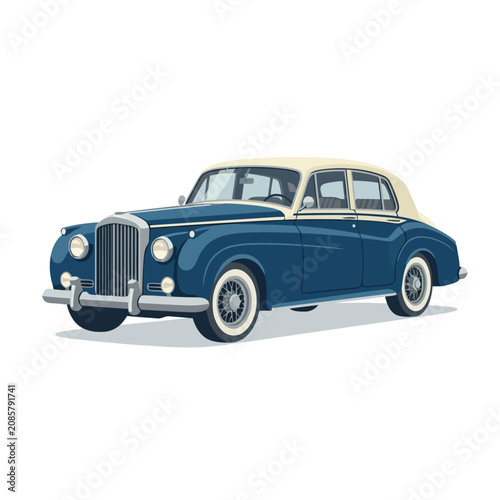 Classic Blue Vintage Sedan Car on White Background, Retro Automobile.