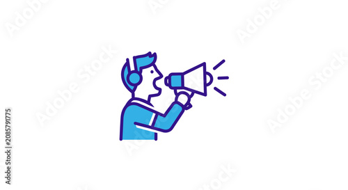 Man wearing headphones and speaking into a megaphone making an announcement on an isolated white background.