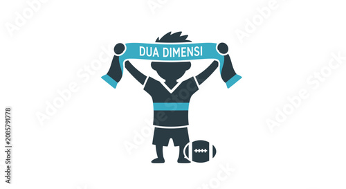 Stylized male football fan character holding a celebratory scarf and a football, cheering enthusiastically on an isolated white background.