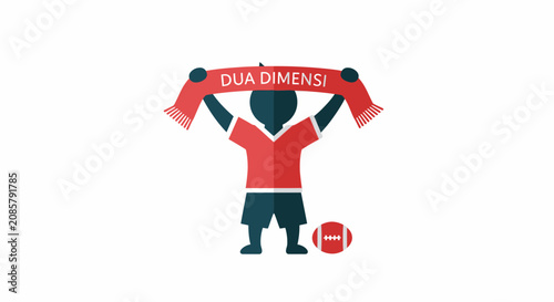Enthusiastic man wearing a red scarf, holding a football and raising arms in celebration on an isolated white background.