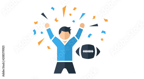 Excited man celebrating a football victory with confetti and a football icon in a bright studio.