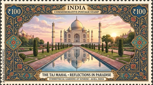 Taj Mahal reflection at sunrise with detailed architecture and serene landscape