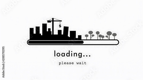 Minimalistic loading screen illustration with cityscape trees and construction crane conveying a modern urban development concept