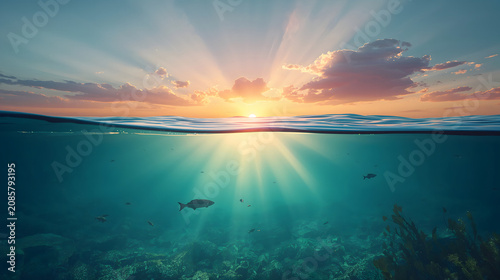 Radiant Sunbeams Penetrating Ocean Surface in Split-Level Seascape