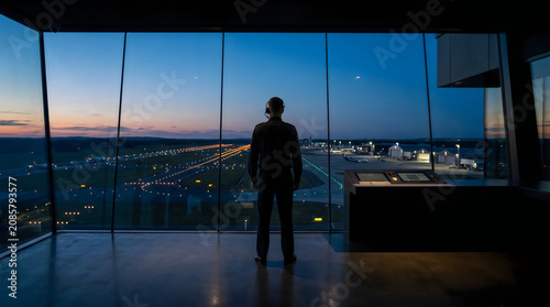 Air Traffic Controller in Tower at Dusk