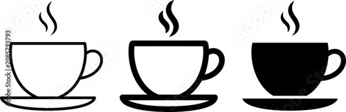 A set of simple black and white coffee cup icons with steam rising
