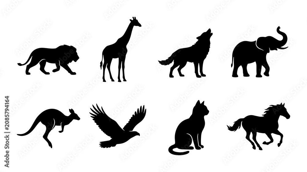Fototapeta premium Diverse Animal Silhouettes Collection: Wildlife, Domestic, and Avian Icons