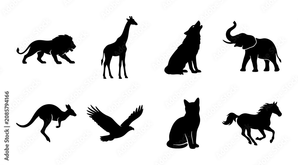 Obraz premium Diverse Animal Silhouettes Collection: Lion, Giraffe, Wolf, Elephant, Kangaroo, Eagle, Cat, Horse