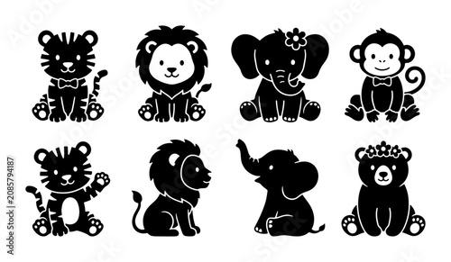 Canvas Print Cute Cartoon Safari Animals Vector Set: Lions, Tigers, Elephants, Monkeys, Bears
