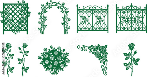 Foto Elegant rose garden vector set with trellis, arbor, wrought iron fence, and flor