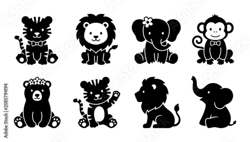Canvas Print Cute Cartoon Animals Set, Baby Safari Wildlife Icons, Vector Illustrations for K